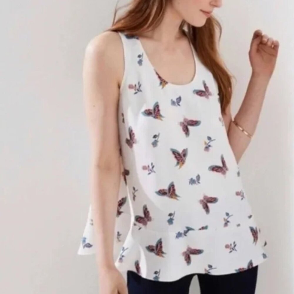 Loft Off-White Blouse, Butterfly Print. Size M
